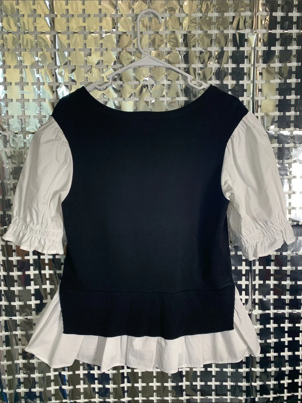 Anthropologie Black Knit Overlay with White Puff-Sleeve Blouse